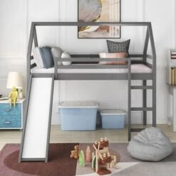 Modern Design Twin Size Loft Bed With Slide, House Bed - Grey