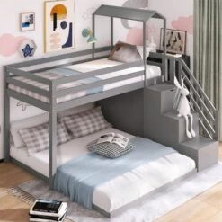 Nestfair Twin Over Full House Roof Bunk Bed With Staircase And Storage Shelves - Grey