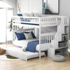 Nestfair Full Over Full Bunk Bed With Trundle And Staircase - White