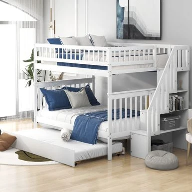 Nestfair Full Over Full Bunk Bed With Trundle And Staircase - White 3 Nestfair Full Over Full Bunk Bed With Trundle And Staircase - White