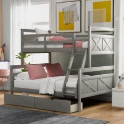 Nestfair Twin Over Full Bunk Bed With Ladder And Two Storage Drawers - Grey