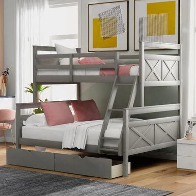Nestfair Twin Over Full Bunk Bed With Ladder And Two Storage Drawers - Grey