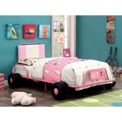 Tere Modern Twin Metal 5-piece Upholstered Racing Bedroom Set With USB Port By Furniture Of America - Pink -Furniture Kids Store 09a43743 2662 4001 a7b5 fa35b13c481b