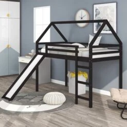 Modern Design Twin Size Loft Bed With Slide, House Bed - Grey -Furniture Kids Store 110811a0 56a2 4118 8071 c9e84e31ca8c