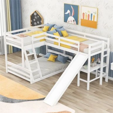 Merax L-shaped Twin Over Full Bunk Bed With Twin Size Loft Bed, Desk, Slide - Espresso 4 Merax L-shaped Twin Over Full Bunk Bed With Twin Size Loft Bed, Desk, Slide - Espresso - Image 2