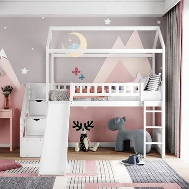 Nestfair Twin Size Loft Bed With Stairs And Two Drawers - White 6 Nestfair Twin Size Loft Bed With Stairs And Two Drawers - White - Image 4