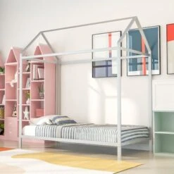 House Bed Frame Twin Size , Metal Platform Bed Floor Bed For Kids - Silver - Twin -Furniture Kids Store 1da59d19 ca88 429a b99d 3eb7f4b29e3a