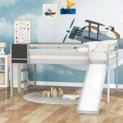Nestfair Full Size Wooden Loft Bed With Slide And Chalkboard - Walnut -Furniture Kids Store 1f002883 41bd 4e16 a4ce fa4f5ced435a