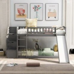 Merax Wood Twin Over Twin Bunk Bed With 2-Drawers And Slide - Grey -Furniture Kids Store 2851701f 6f5e 496d 8b63 fab970e99441