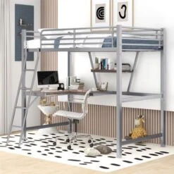 Merax Metal Loft Bed With L-shaped Desk And Shelf - Black - Full -Furniture Kids Store 2ab93f85 a523 4fd7 9936 cebd04e5bb32