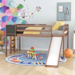 Nestfair Full Size Wooden Loft Bed With Slide And Chalkboard - Walnut