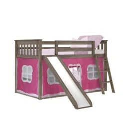 Max And Lily Twin Over Twin Low Bunk With Slide And Curtains - Grey With Purple/White Curtain -Furniture Kids Store 30220012 5bd2 47c1 83cb 02544b270c22
