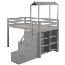 Nestfair Twin Over Full House Roof Bunk Bed With Staircase And Storage Shelves - Grey -Furniture Kids Store 33db4a1a 3388 4c06 904e 69f882115d3b