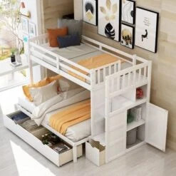 Twin Over Full/Twin Bunk Bed, Convertible Bottom Bed, With Drawers - White 26 Twin Over Full/Twin Bunk Bed, Convertible Bottom Bed, With Drawers - White -Furniture Kids Store 375e5c1d 8fb2 402f b7fe fe3c04e480ee