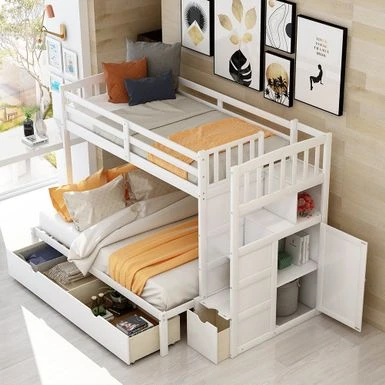Twin Over Full/Twin Bunk Bed, Convertible Bottom Bed, With Drawers - White 7 Twin Over Full/Twin Bunk Bed, Convertible Bottom Bed, With Drawers - White - Image 5