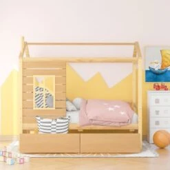 Nestfair Twin Size House Bed Wood Bed With Two Drawers - Natural -Furniture Kids Store 3984e672 55d5 4b39 a427 8239afca6a84