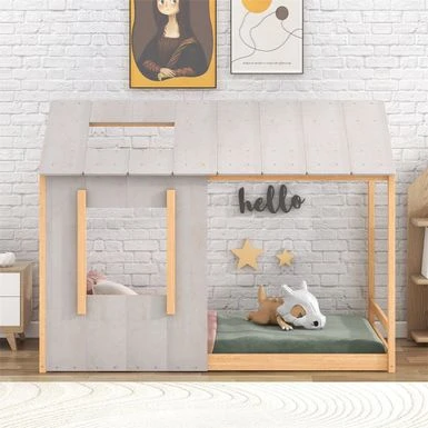 Merax Twin Size House Platform With Roof And Window - Antique Grey+Antique White 5 Merax Twin Size House Platform With Roof And Window - Antique Grey+Antique White - Image 3