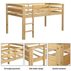 Twin Size Wooden Loft Bed, Low Loft Beds With Ladder - Walnut -Furniture Kids Store 44fa6d2f 9680 4ffa a9e4 ca63de69973e