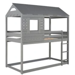 Twin Over Twin Bunk Bed With Roof, Window, Guardrail, Ladder - Grey -Furniture Kids Store 4e1e29dd d75f 4b0f b8d7 70d41a32c954