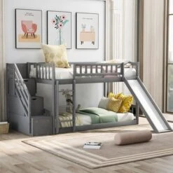 Merax Wood Twin Over Twin Bunk Bed With 2-Drawers And Slide - Grey