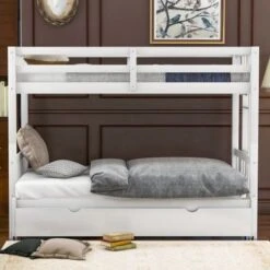 Nestfair Twin Over Full Pull-out Bunk Bed With Trundle - White -Furniture Kids Store 5eb800c2 2fe1 471e b715 2757405e44f4