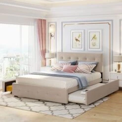 Nestfair Queen Size Upholstered Platform Bed With 2 Drawers And Twin XL Trundle - LIGHT GREY -Furniture Kids Store 5f69d054 ff62 45ef 95ba 4ee535320361