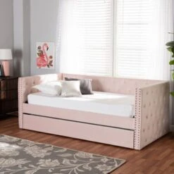 Baxton Studio Larkin Modern Velvet Fabric Upholstered Daybed With Trundle - Queen - Pink -Furniture Kids Store 603a753c 6dc7 44bb 82ae b9dc7f3bbd32