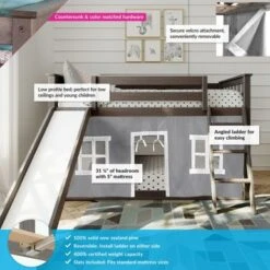 Max And Lily Twin Over Twin Low Bunk With Slide And Curtains - Grey With Purple/White Curtain -Furniture Kids Store 64aaf004 7014 4e4f 89f1 f725cdd230d2