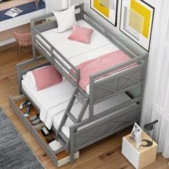 Nestfair Twin Over Full Bunk Bed With Ladder And Two Storage Drawers - Grey -Furniture Kids Store 67cd97bb 3892 434c b267 9b4eb9e56f7a