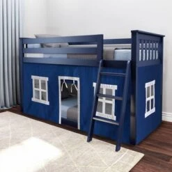 Max And Lily Twin Over Twin Low Bunk With Curtains - Blue With Blue/White Curtain