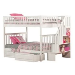 Woodland Staircase Bunk Bed Full Over Full With 2 Raised Panel Bed Drawers In White - White - Full