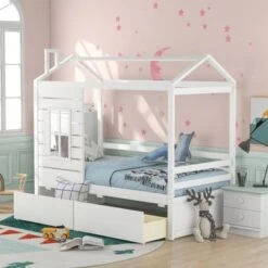 Nestfair Twin Size House Bed Wood Bed With Two Drawers - Natural -Furniture Kids Store 720a37a9 2f79 47cd ba00 559923bc880f