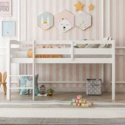 Twin Size Wooden Loft Bed, Low Loft Beds With Ladder - Walnut -Furniture Kids Store 7c3fe462 0f13 405c 9084 b9266f888509