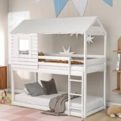 Twin Over Twin Bunk Bed With Roof, Window, Guardrail, Ladder - Grey -Furniture Kids Store 7d11b967 d513 4c7e 8cbb 4e178a3f0d65