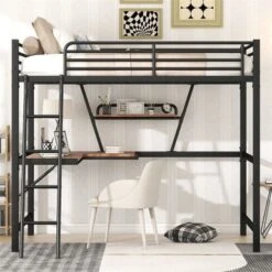 Merax Metal Loft Bed With L-shaped Desk And Shelf - Black - Full