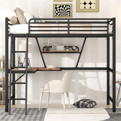 Merax Metal Loft Bed With L-shaped Desk And Shelf - Black - Full