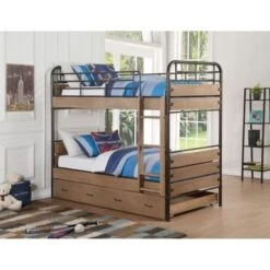 ACME Adams Twin/Twin Bunk Bed & Trundle, Antique Oak -Furniture Kids Store 830386c8 dd79 41cc bf1c 82dd5f1ede14