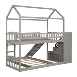 Twin Over Twin Bunk Bed With Two Drawers And Slide - Grey -Furniture Kids Store 8388a446 d792 47eb 8ab7 c636bfa152ef