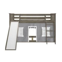 Max And Lily Twin Over Twin Low Bunk With Slide And Curtains - Grey With Purple/White Curtain -Furniture Kids Store 848d34e3 3822 4a17 8938 b6b9637799e1