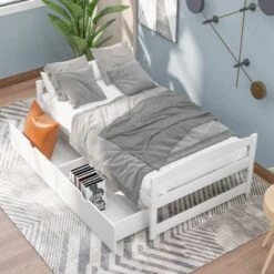 Nestfair Twin Size Platform Bed With 2-Drawers - White -Furniture Kids Store 849bc9de 9c61 4eb3 a304 ad3a23952eab