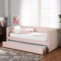 Baxton Studio Larkin Modern Velvet Fabric Upholstered Daybed With Trundle - Queen - Pink -Furniture Kids Store 8a56d5fe 6447 42b1 a9cb e44f79fe6837