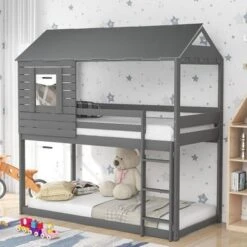 Twin Over Twin Bunk Bed With Roof, Window, Guardrail, Ladder - Grey -Furniture Kids Store 8c181ebf bf26 43bb 880f 6830e9159b6e