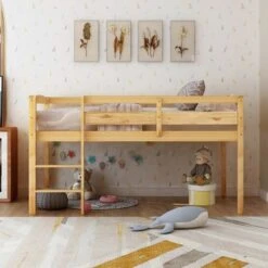 Twin Size Wooden Loft Bed, Low Loft Beds With Ladder - Walnut