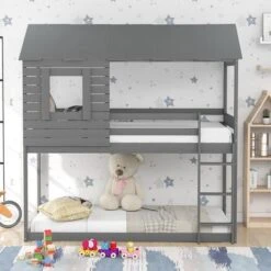 Twin Over Twin Bunk Bed With Roof, Window, Guardrail, Ladder - Grey