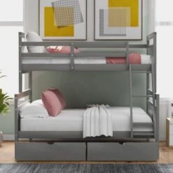 Nestfair Twin Over Full Bunk Bed With Ladder And Two Storage Drawers - Grey -Furniture Kids Store a39613be ee24 46ae 8f28 972d01a670b7
