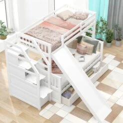 Twin Over Full Bunk Bed With Drawers,Storage And Slide, Multifunction - White -Furniture Kids Store a68f3e57 a5f6 487b af05 618558187f9b