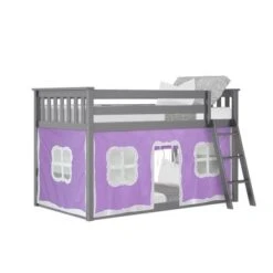 Max And Lily Twin Over Twin Low Bunk With Curtains - Natural With Purple/White Curtain -Furniture Kids Store a7f4176e 09a7 45e5 adee 302fe9a1e7ed