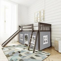 Max And Lily Twin Over Twin Low Bunk With Slide And Curtains - Grey With Purple/White Curtain -Furniture Kids Store acfb3d3f 1010 46ee a8b0 3d86e9fd61ad