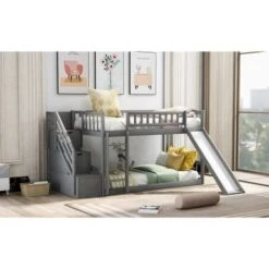 Stairway Twin Over Twin Bunk Bed With Two Drawers And Slide - Grey