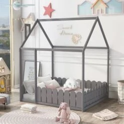Merax Full Size House Bed Frame With Fence - White -Furniture Kids Store b2ae2cc6 7d78 4d4e 941c 8e0b3d3325ee
